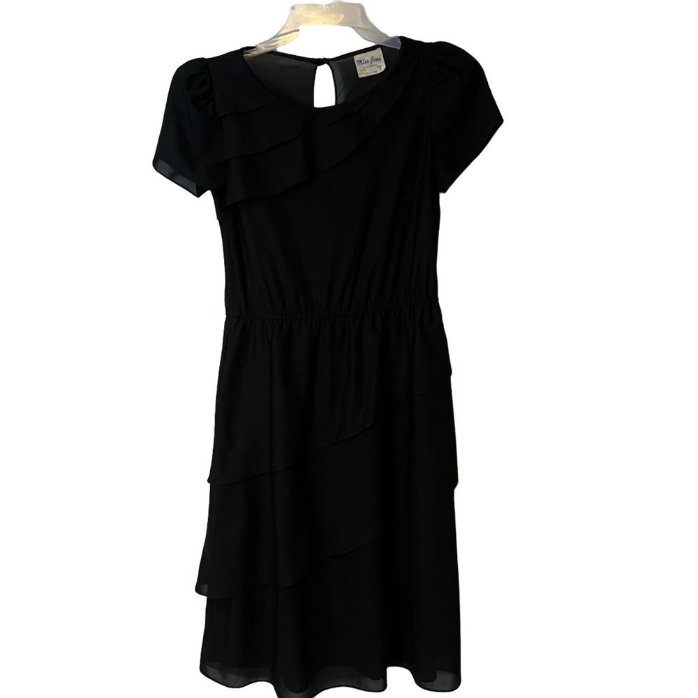 Vintage Miss Joni Dress Tiered Layer Ruffles Short Sleeve Black Career